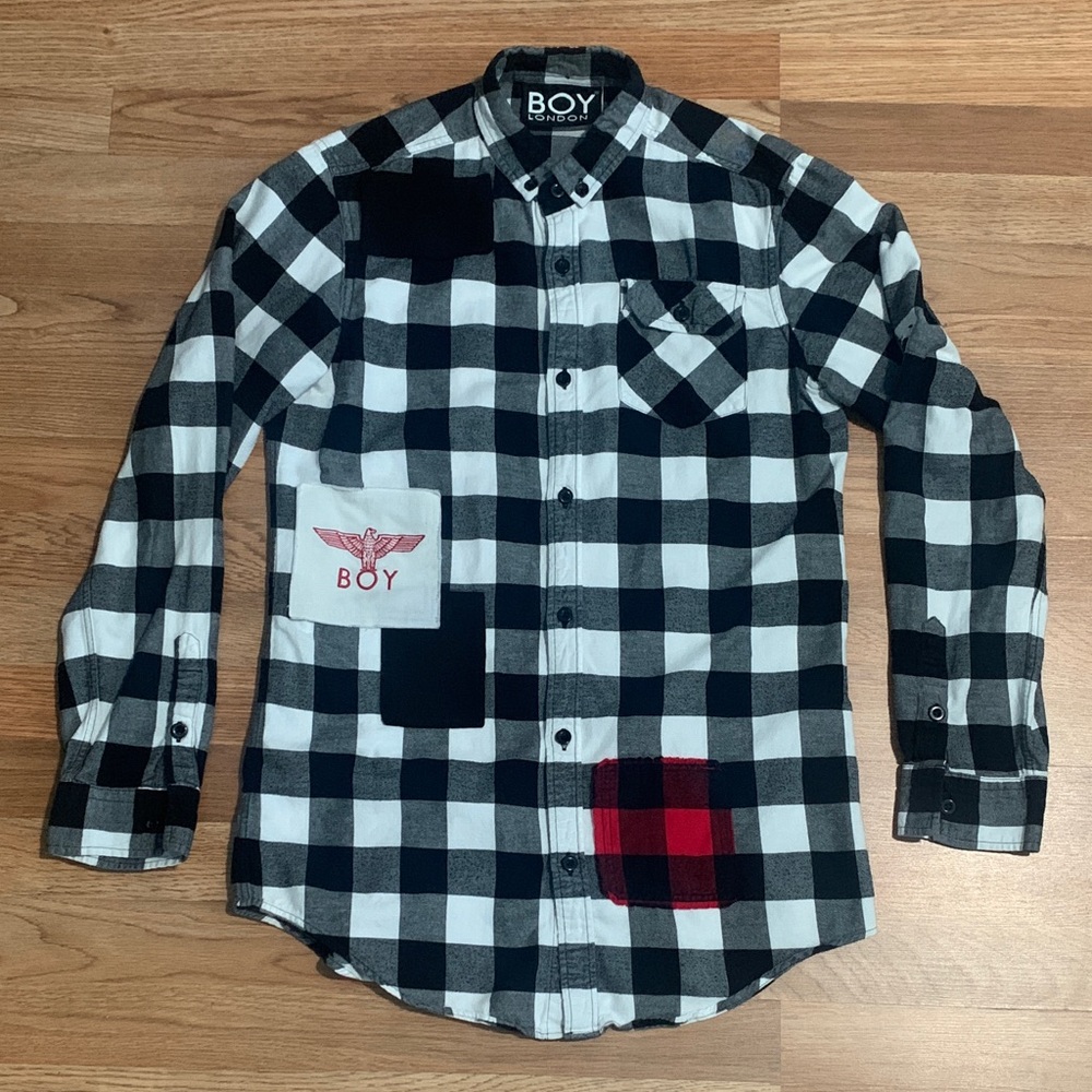 BOY London Black & White Plaid Button-Down Shirt with Red Accent